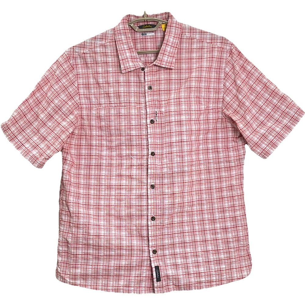 Cabelas Mens Coolmax Seersucker Shirt L Red‎ White Plaid Short Sleeve UPF30